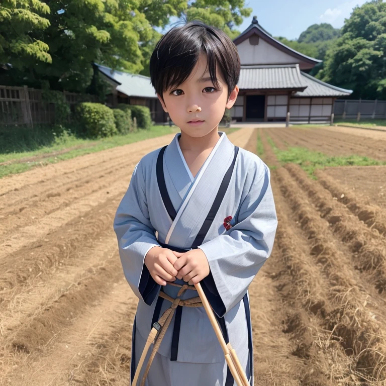 High resolution, Super detailed, masterpiece, highest quality,oriental、boy、Wearing traditional Japanese costumes、alone、boy doing farm work、