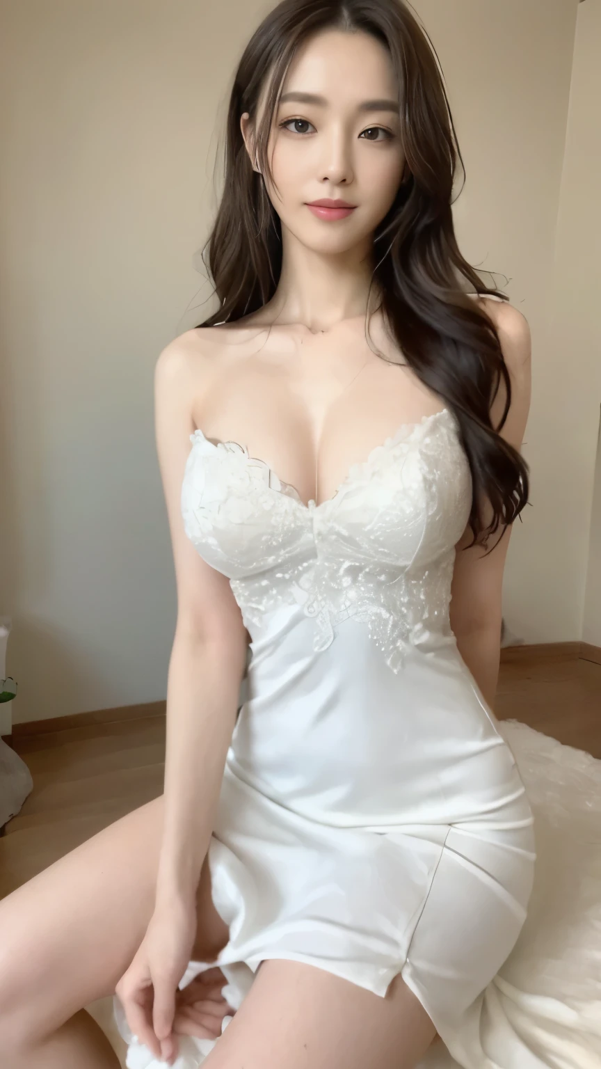 ((top-quality、8k、​masterpiece:1.3))、Beautiful woman with perfect body:1.4、slim abdomen:1.2、Longhair, normal breast, Highly detailed facial and skin texture, A detailed eye, delicate eyes, (smile), (full body shot), ((studio)), (sitting on chair), (((wearing white classy dress))), looking in front, (plain grey background)