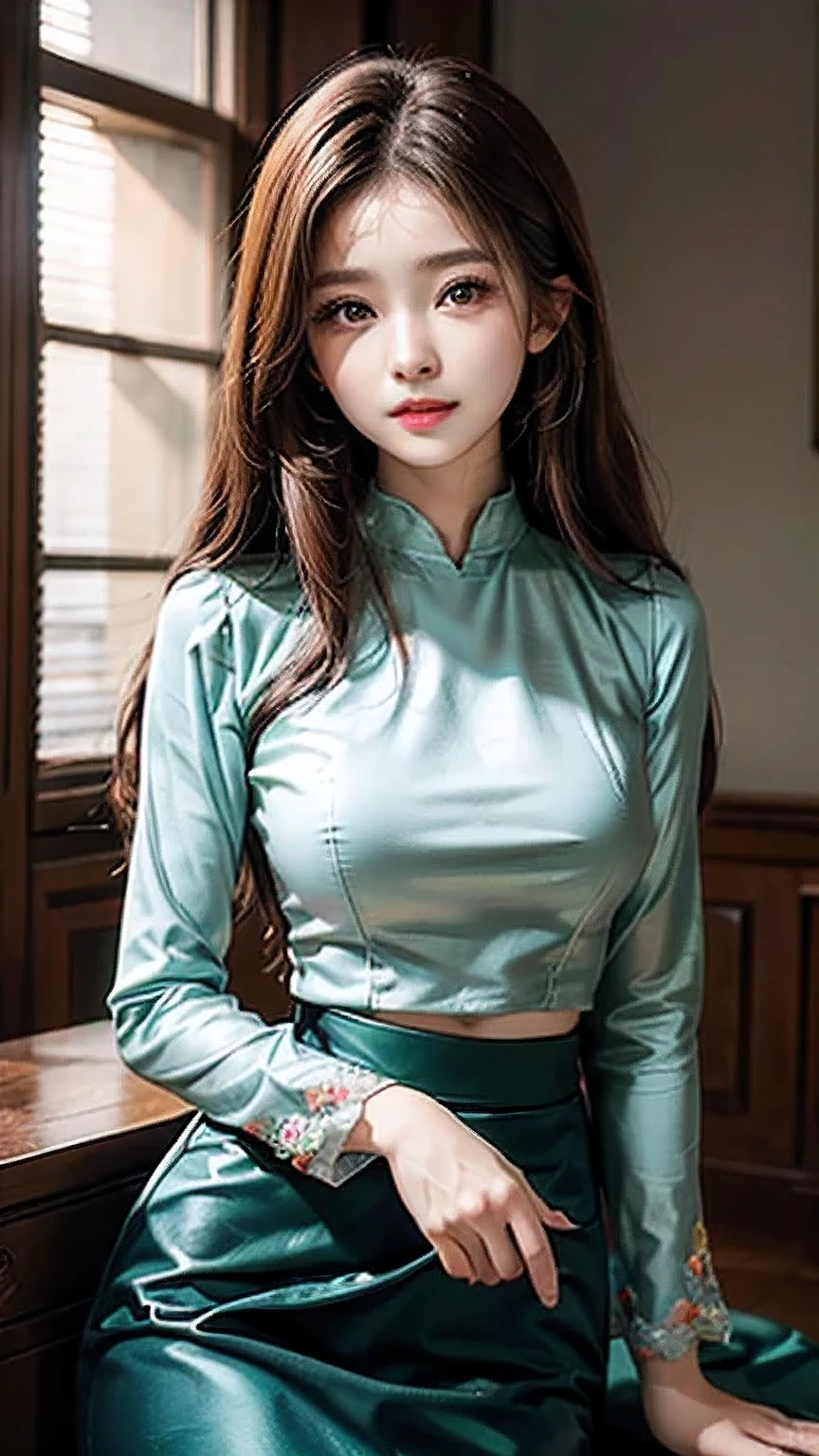 ((Masterpiece)), ((High detail)), photography, real photograph,1 Girl, ((Ultra-detailed)),((Delicate face)), Beautiful detailed eyes, (high light, Gradient hair),Long hair, Floating hair, acmm ls outfit, wearing acmm top, white acmm top, long sleeves, wearing acmm long skirt, bright green acmm long skirt, printed skirt