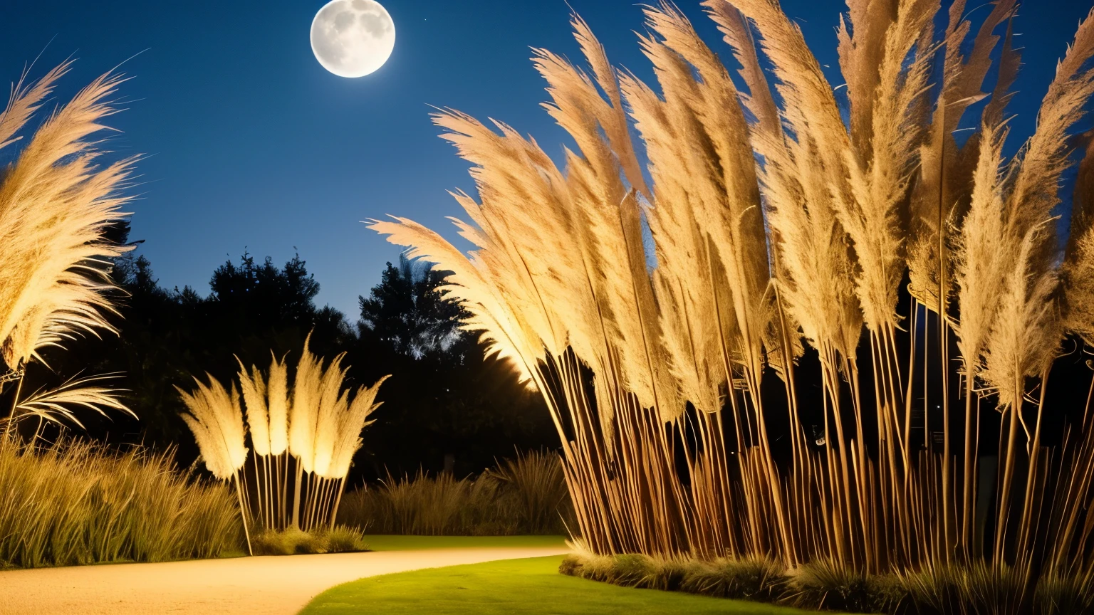 A night with pampas grass and a full moon