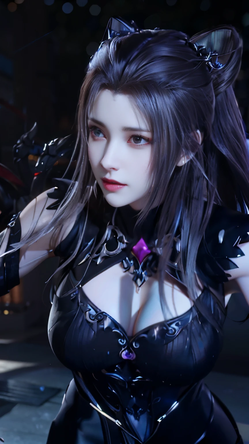 Close-up of woman with cat ears wearing black dress, 8k high quality detailed art, 3D rendered character art 8 K, 4K detail fantasy, Game CG, artistic germ; 3d unreal engine, Smooth anime CG art, wearing shining breastplate, Super detailed fantasy characters, 8K artistic bacterial bokeh, Portrait of Tifa Lockhart，huge breasts，Larger breasts，Hollow clothes，transparent clothes，More transparency，amazing breast size，Raised nipples，Naked breasts，Extensive nudity，More nudity