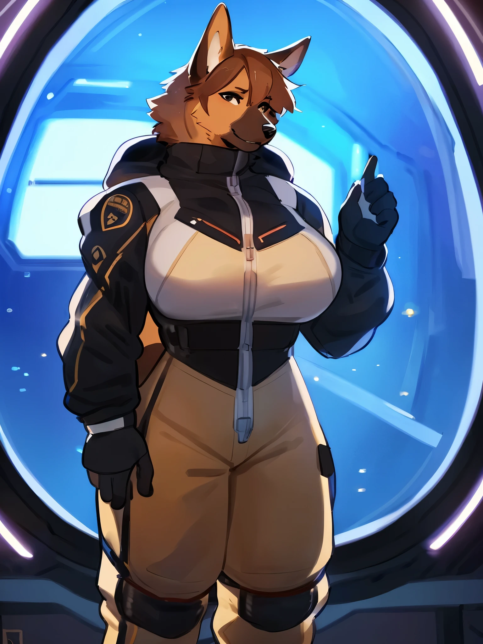 By bebebebebe, by lostgoose, by goonie-san, solo, female, canine, (german shepherd), standing, standing, (hair), big breasts, anime spacesuit, detailed spacesuit, turtleneck, cleavage, spaceship, space, window