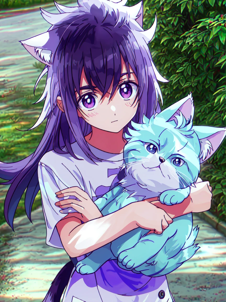 someone is petting a cat on the floor with a stuffed animal, with small cat on lap, big cheeks holding her cat, holding it out to the camera, glaring at the camera, cute furry needs your help, holding a cat, tabby cat, lovingly looking at camera, looking to camera, looking to the camera, looking straight to camera, looking confused. Girl, have long white and purple hair