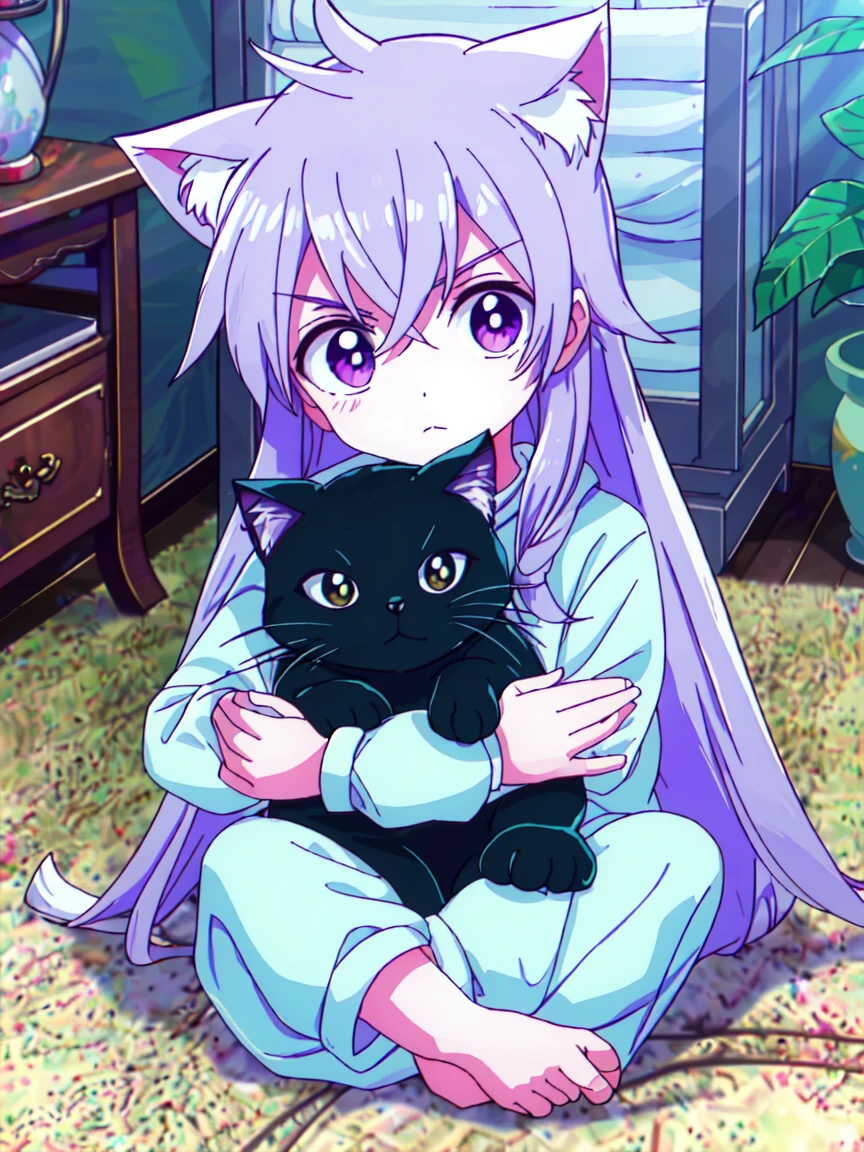 someone is petting a cat on the floor with a stuffed animal, with small cat on lap, big cheeks holding her cat, holding it out to the camera, glaring at the camera, cute furry needs your help, holding a cat, tabby cat, lovingly looking at camera, looking to camera, looking to the camera, looking straight to camera, looking confused. Girl, have long white and purple hair