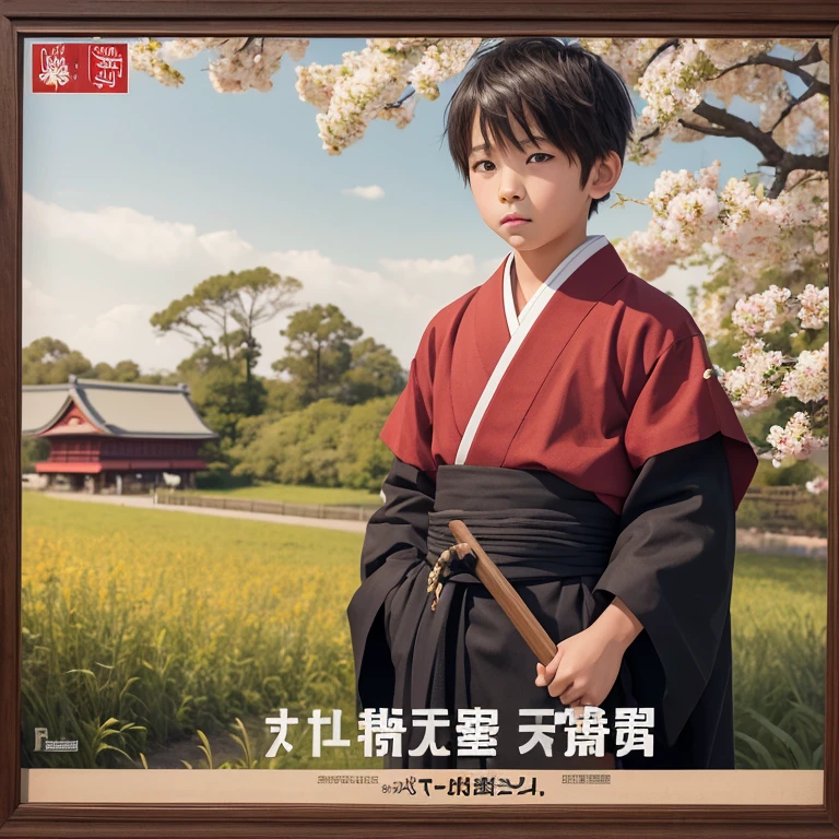 High resolution, Super detailed, masterpiece, highest quality,oriental、boy、Wearing traditional Japanese costumes、alone、boy doing farm work、game poster、