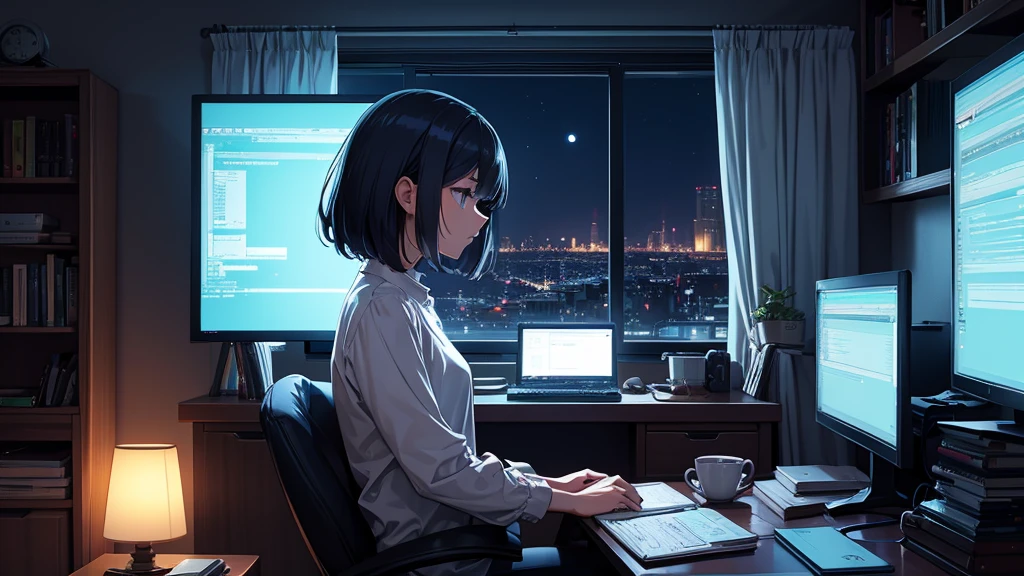 A female programmer in her 20s、Draw a scene where you are working in your room at home。She has a short hairstyle、Concentrating and staring at the computer screen。The room is dark because it&#39;s night.、keyboard on the desk、mouse、There are also several programming related books.。In the background of the room、I can see the moonlight and city lights from the small window.、Soft light from a desk lamp illuminates her workspace.。This illustration、It expresses the atmosphere of a woman immersed in coding alone on a quiet and calm night.。