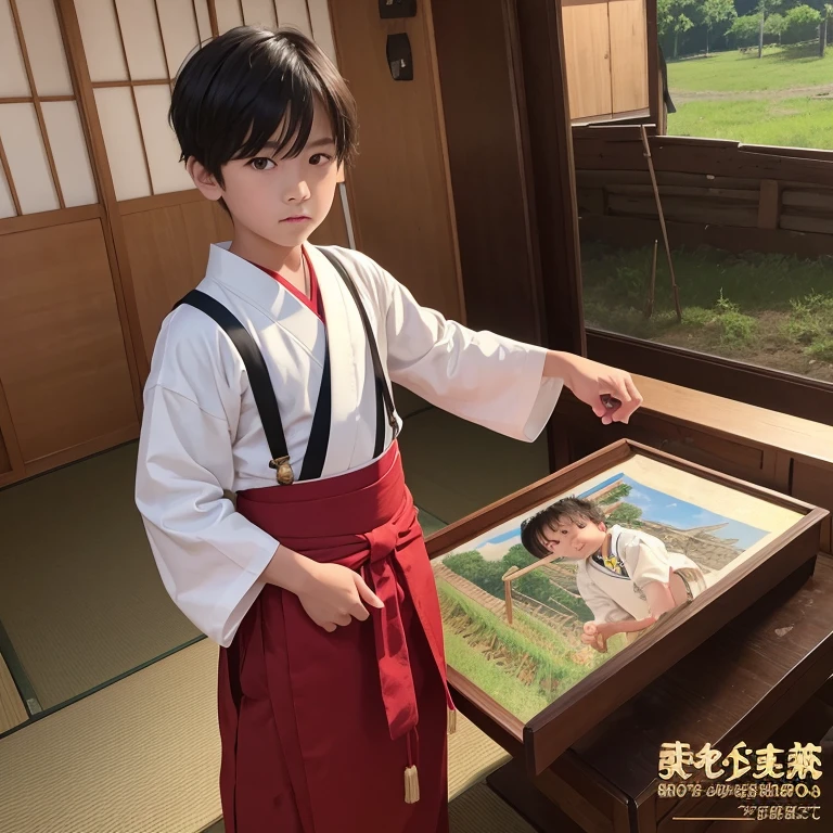 High resolution, Super detailed, masterpiece, highest quality,oriental、boy、Wearing traditional Japanese costumes、alone、boy doing farm work、pants、game poster、