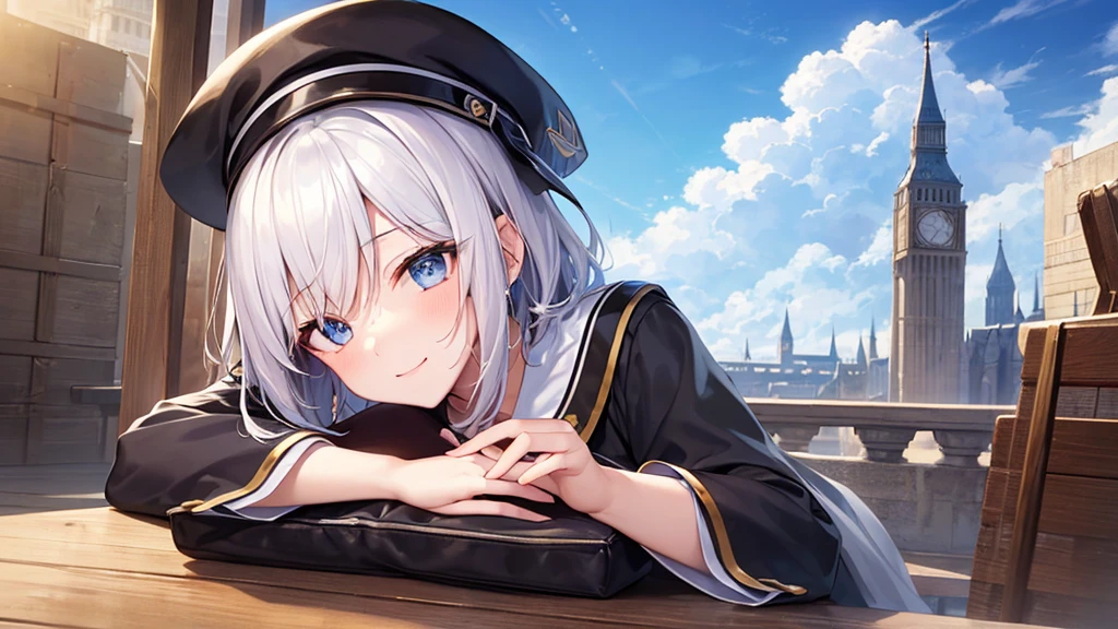 super high quality, with a girl, 20-year-old, very short hair, long bangs between the eyes, pale blue eyes , blue sky, sunlight, very detailed,(masterpiece、highest quality)、alone、gray hair、laughter、White skin as clear as snow、fantasy, silver hair, black eye, beautiful eyes,, ecstasy, charm, be smitten with audience, fantasyな風景、hat