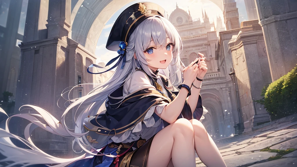 super high quality, with a girl, 20-year-old, very short hair, long bangs between the eyes, pale blue eyes , blue sky, sunlight, very detailed,(masterpiece、highest quality)、alone、gray hair、laughter、White skin as clear as snow、fantasy, silver hair, black eye, beautiful eyes,, ecstasy, charm, be smitten with audience, fantasyな風景、hat