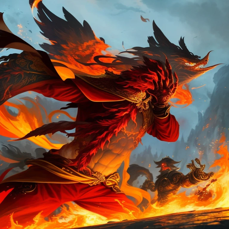 a close up of a person with a fire in his hand, wreathed in flame, ornate with fiery explosions, artgerm and atey ghailan, by Yang J, engulfed in swirling flames, arvalis, with fiery golden wings of flame, guildwar artwork, fire mage, fire behind him, pyromancer, fire demon, ruler of inferno