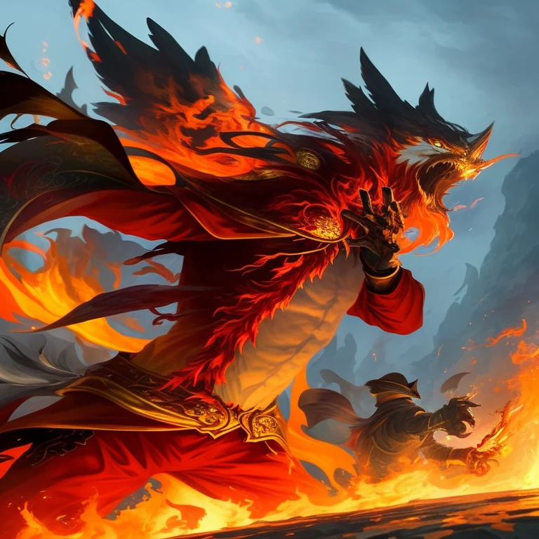 a close up of a person with a fire in his hand, wreathed in flame, ornate with fiery explosions, artgerm and atey ghailan, by Yang J, engulfed in swirling flames, arvalis, with fiery golden wings of flame, guildwar artwork, fire mage, fire behind him, pyromancer, fire demon, ruler of inferno