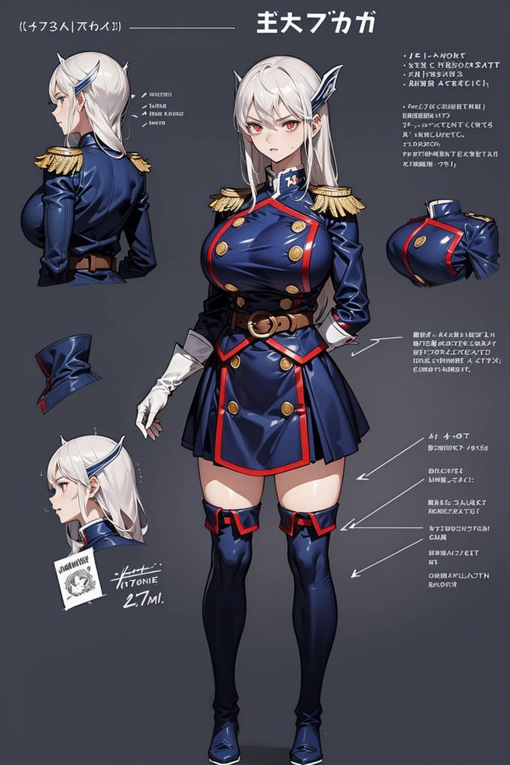 girl, solo, full body, from head to toe, standing, (Huge_Breasts:1.3), beautiful body, perfect body, nice body,

((Character Design Sheet:1.7, character reference sheet:1.7,)),

KyoukaUzen, hair ornament, military uniform, white gloves, epaulettes, belt, pleated skirt, black skirt, thigh boots, short skirt, mini skirt,