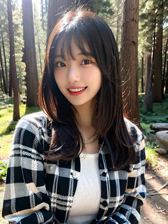(masterpiece, highest quality, photo-realistic, official art:1.4), (UHD, 8K quality wallpapers, High resolution, RAW photo, film grain:1.2), (shiny skin), professional lighting, Physically based rendering, award-winning, highly detailed skin, (highly detailed face and eyes, clear pupils), Carl Zeiss 300mm F/2.8, Depth of bounds written, break, 1 girl, alone, Cute 24 year old Korean girl, (Nogizaka idol:0.7), (Korean idol cameltoe), (Shiny straight black hair, bust length straight hair,  straight bangs:1.3), extra round face, (single eyelid), (Laughter:1.3), Beautiful white teeth too, (I am wearing a plaid long sleeve flannel shirt.:1.3), (Trekking Pants,  trekking boots:0.7), (chest is emphasized, medium breasts with good shape,:0.8), (looking at the viewer), break, (In the forest of Yosemite National Park), winter daytime, warm sunshine, (Half Dome in the background:1.2), (seductive pose, dynamic angle:1.3), upper body shot,