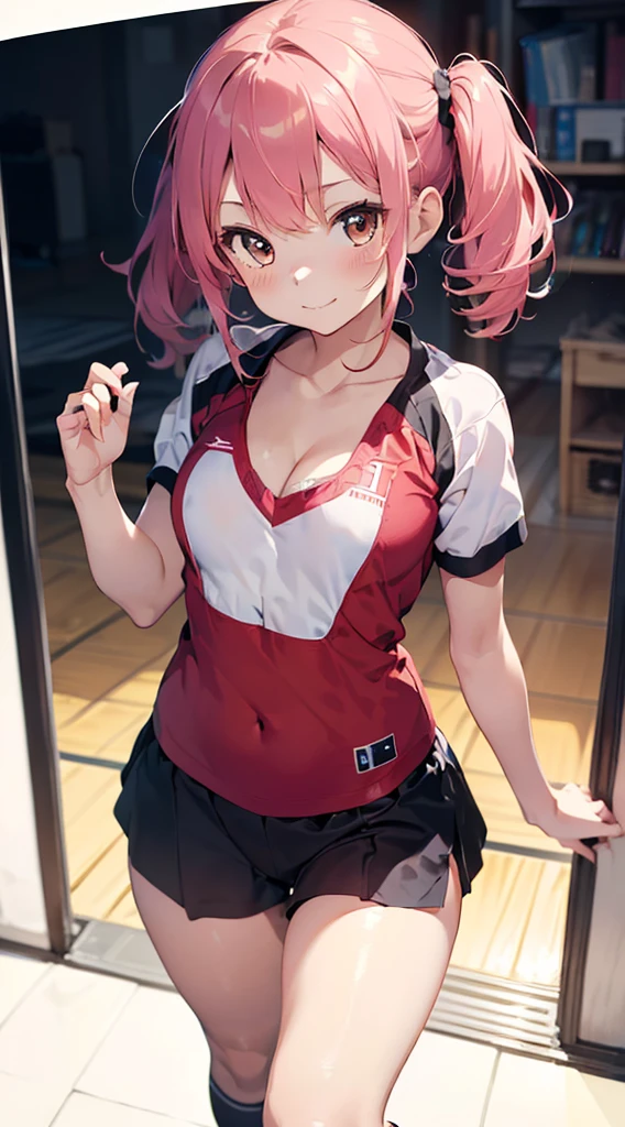 ((((kipity art)))), ((High resolution)),masterpiece, high quality, 最high quality, beautiful, perfect lighting, detailed face, super cute face, ((1 girl)), ((alone),11 year old girl、pink hair、twin tails, bangs, ((fluffy hair)), brown eyes, slender body, full length, smile, shy, just woke up, blush, ((grab the thigh)), (((small breasts))), cleavage, perky chest, (small hips), (normal thighs), soft body、High resolution、1 girl in、cute anime illustration、upright,whole,Standing position, Lower both arms,put your hands behind your back, look straight, pure white background, arms behind,Soccer Uniforms、Red Football Uniform