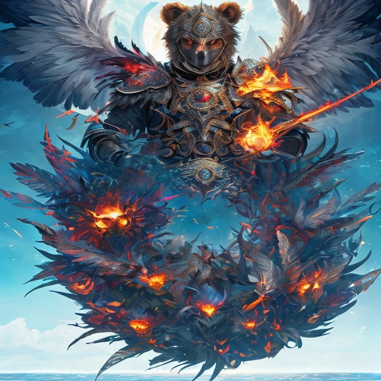 there is a bear with wings and a sword on a giant piece of fire, epic fantasy digital art style, epic fantasy art style hd, epic fantasy art style, symmetrical epic fantasy art, epic fantasy artwork, epic fantasy illustration, epic fantasy style art, world of warcraft art, guildwar artwork, detailed fantasy art, epic fantasy art, epic fantasy digital art