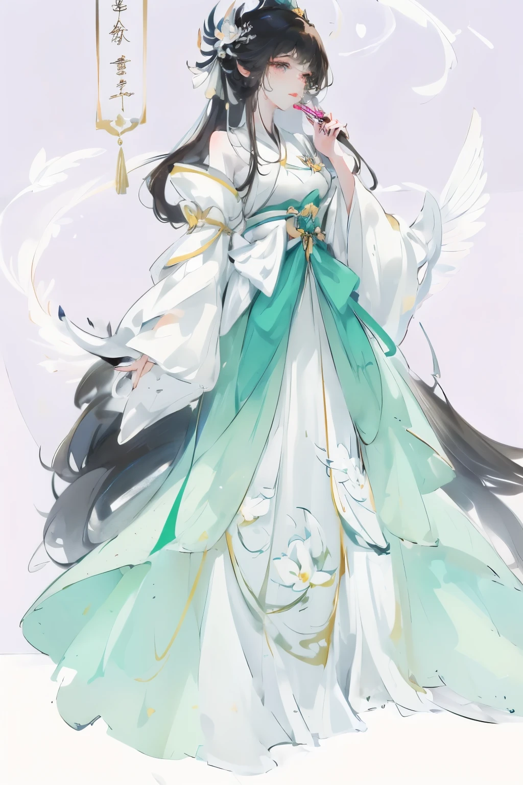 Wearing a green dress、anime girl with a fan in her hand, ((beautiful fantasy queen)), anime goddess, beautiful fantasy queen, flowing magic robe, Inspired by Luo Mu, ethereal wings, The majestic angel, Inspired by Ma Yuanyu, full body xianxia, Onmyoji Detailed Art, 《Genshin》Keqing in