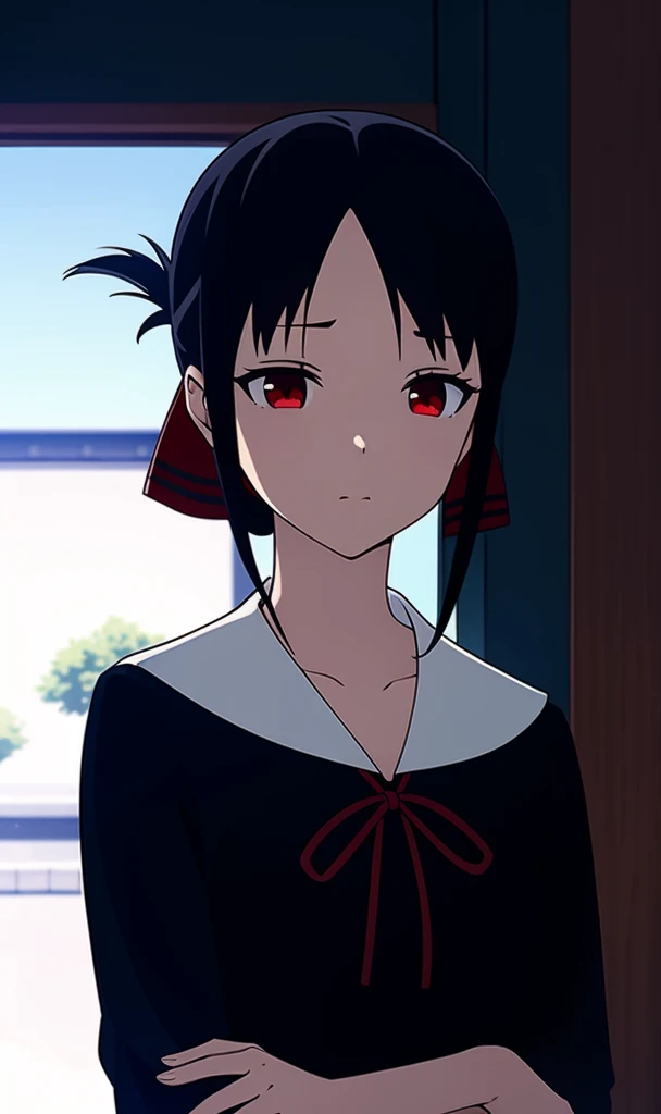 å››å®«è¾``å¤œ,1 girl,red eyes,red ribbon,hair ribbon,bangs,short hair,side lock,folded ponytail,black hair,parted bangs,
Uniform of Shunaiin Gakuen,black dress,neck ribbon,clavicle,white sailor collar,Upper body, hand on own chin,horror \(theme\),, (masterpiece:1,2), highest quality, masterpiece, High resolution, original, highly detailed wallpaper, perfect lighting,(Very detailed CG:1.2),