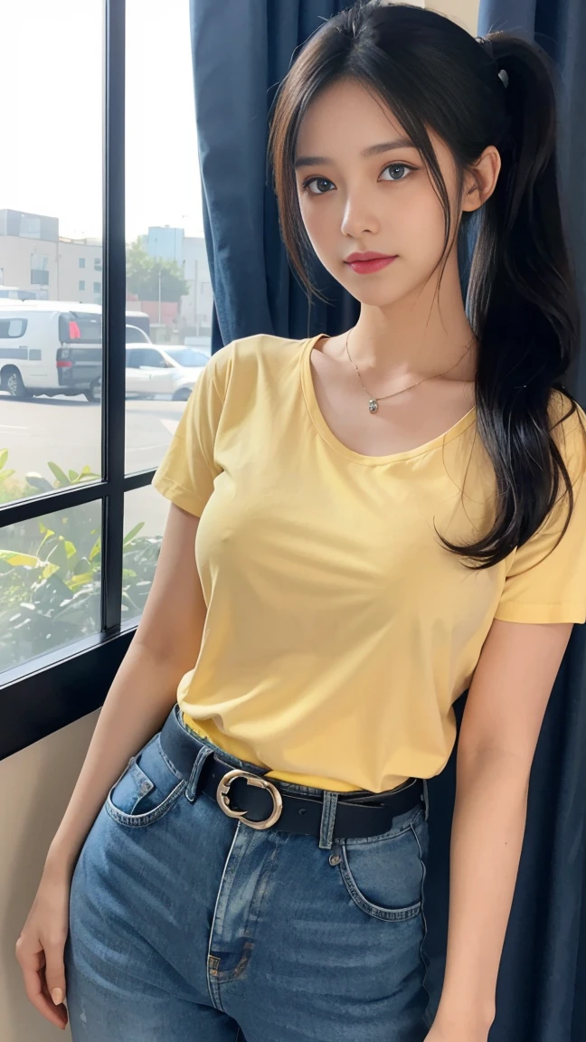 1girl, solo, long_hair, breasts, blue_eyes, large_breasts, shirt, black_hair, hair_ornament, jewelry, closed_mouth, upper_body, ponytail, short_sleeves, belt, pants, yellow_shirt, window, denim, curtains, jeans, shirt_tucked_in, yellow_belt