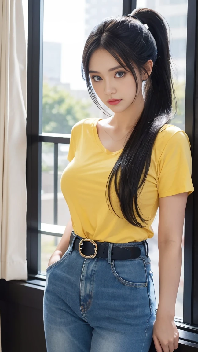 1girl, solo, long_hair, breasts, blue_eyes, large_breasts, shirt, black_hair, hair_ornament, jewelry, closed_mouth, upper_body, ponytail, short_sleeves, belt, pants, yellow_shirt, window, denim, curtains, jeans, shirt_tucked_in, yellow_belt