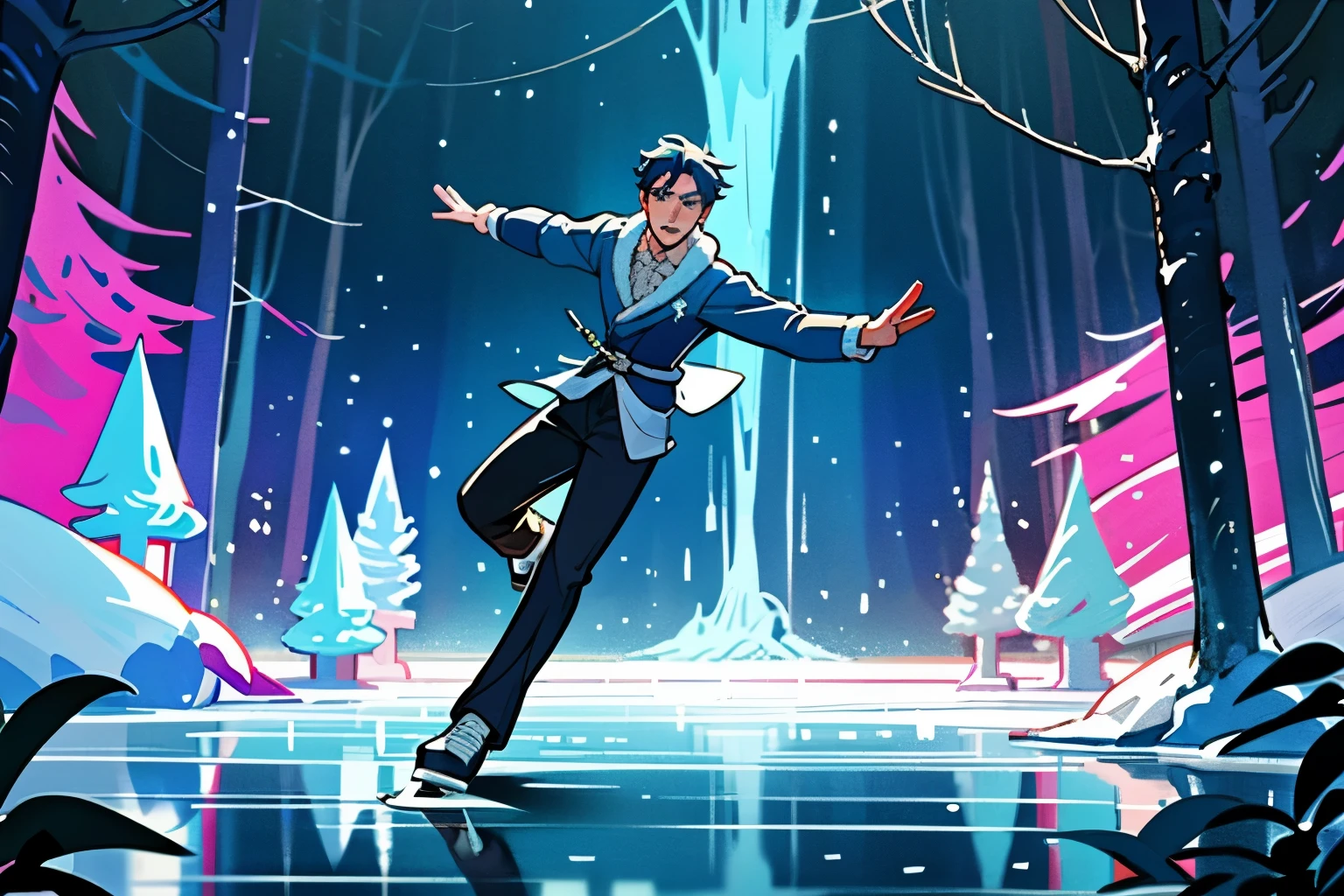 Handsome guy、man、ice skating、beautiful、On ice、in the forest