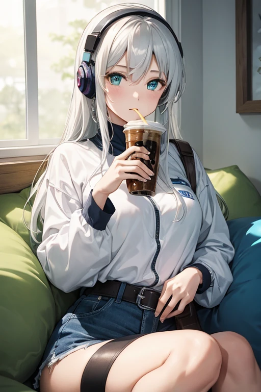 woman, boba tea, light blue bean bag, soft lighting, green eyes, white hair, blue headphones