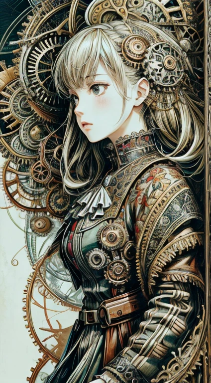 official art, unity 8k wallpaper, Super detailed, beautiful and aesthetic, masterpiece, highest quality, (zentangle, mandala, tangle, entangle), (fractal art:1.3) ,( 1 girl:1.4), very detailed, dynamic angle, cowboy shot, the most beautiful form of chaos, elegant, brutal designer, Bright colors, romanticism, Written by James Jean, robbie dowi antono, Ross Tran, francis bacon, Michael Mraz, Adrian&#39;s genius, Petra Cortright, Gerhard Richter, takato yamamoto, ashley wood, in the atmosphere, ecstasy of notes, Streaming notes are displayed,gear,レトロなgearやメカニズムが組み合わさったアンティークなメカニカルアート。Features a steampunk style design、The precision of gears and clocks is depicted.。