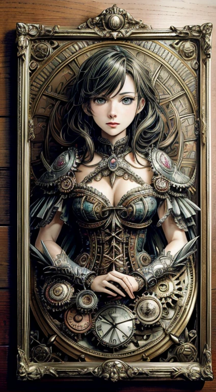 official art, unity 8k wallpaper, Super detailed, beautiful and aesthetic, masterpiece, highest quality, (zentangle, mandala, tangle, entangle), (fractal art:1.3) ,( 1 girl:1.4), very detailed, dynamic angle, cowboy shot, the most beautiful form of chaos, elegant, brutal designer, Bright colors, romanticism, Written by James Jean, robbie dowi antono, Ross Tran, francis bacon, Michael Mraz, Adrian's genius, Petra Cortright, Gerhard Richter, takato yamamoto, ashley wood, in the atmosphere, ecstasy of notes, Streaming notes are displayed,gear,レトロなgearやメカニズムが組み合わさったアンティークなメカニカルアート。Features a steampunk style design、The precision of gears and clocks is depicted.。