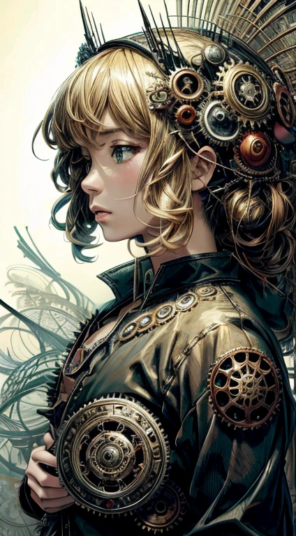 official art, unity 8k wallpaper, Super detailed, beautiful and aesthetic, masterpiece, highest quality, (zentangle, mandala, tangle, entangle), (fractal art:1.3) ,( 1 girl:1.4), very detailed, dynamic angle, cowboy shot, the most beautiful form of chaos, elegant, brutal designer, Bright colors, romanticism, Written by James Jean, robbie dowi antono, Ross Tran, francis bacon, Michael Mraz, Adrian's genius, Petra Cortright, Gerhard Richter, takato yamamoto, ashley wood, in the atmosphere, ecstasy of notes, Streaming notes are displayed,gear,レトロなgearやメカニズムが組み合わさったアンティークなメカニカルアート。Features a steampunk style design、The precision of gears and clocks is depicted.。