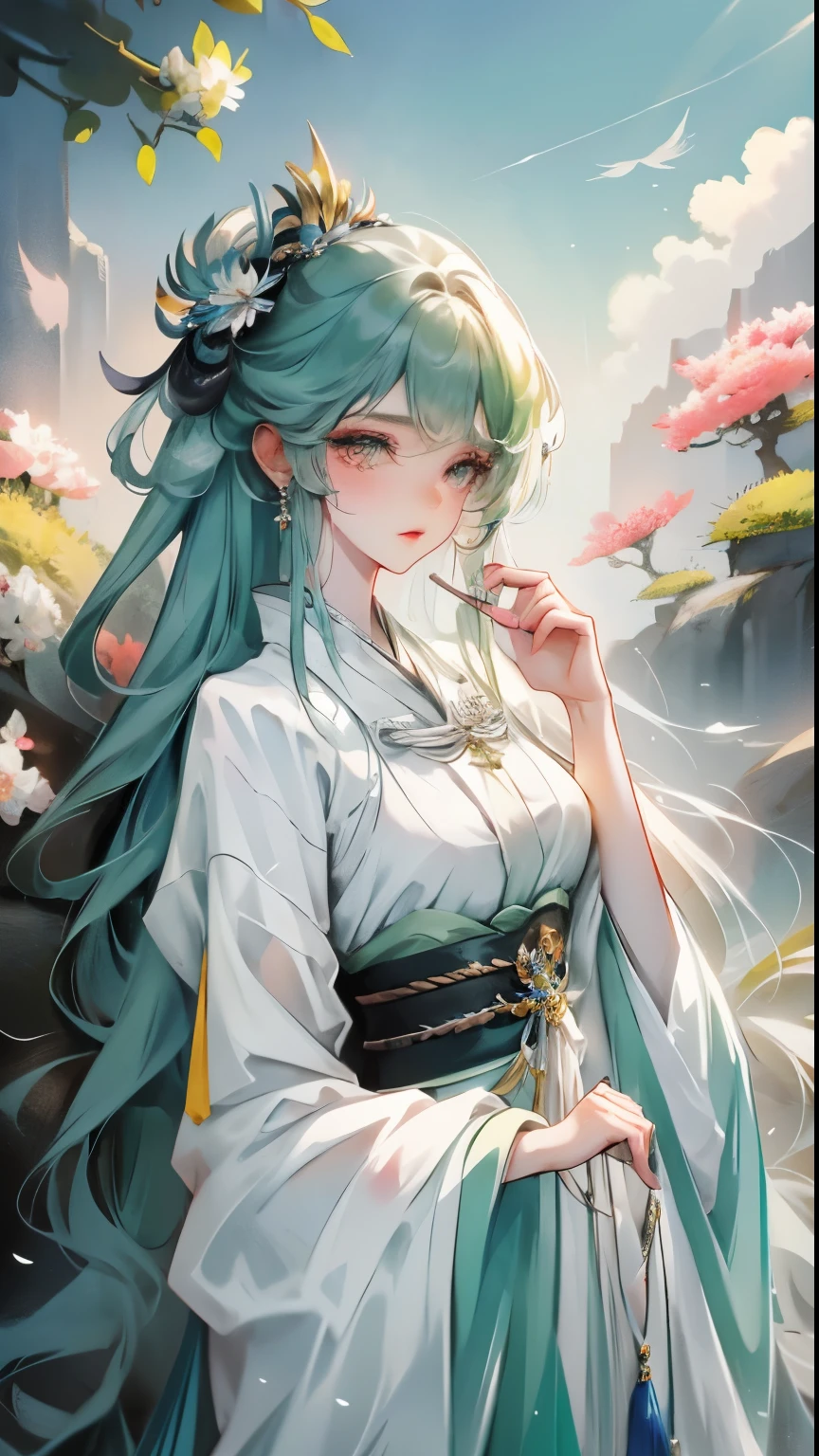 Wearing a green dress、anime girl with a fan in her hand, ((beautiful fantasy queen)), anime goddess, beautiful fantasy queen, flowing magic robe, Inspired by Luo Mu, ethereal wings, The majestic angel, Inspired by Ma Yuanyu, full body xianxia, Onmyoji Detailed Art, 《Genshin》Keqing in
