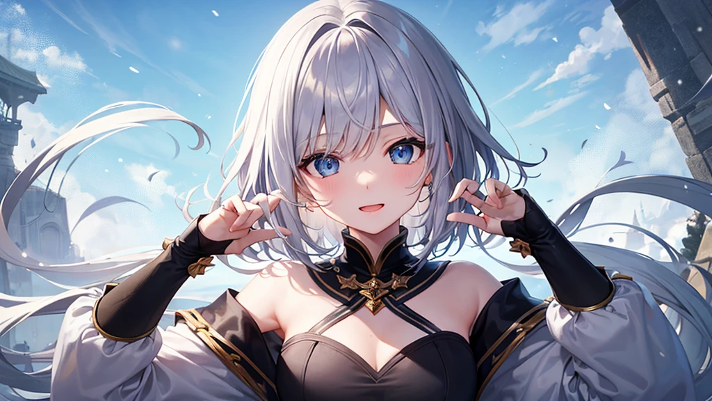 super high quality, with a girl, 20-year-old, very short hair, long bangs between the eyes, pale blue eyes , blue sky, sunlight, very detailed,(masterpiece、highest quality)、alone、gray hair、laughter、White skin as clear as snow、fantasy, silver hair, black eye, beautiful eyes,, ecstasy, charm, be smitten with audience, fantasyな風景、