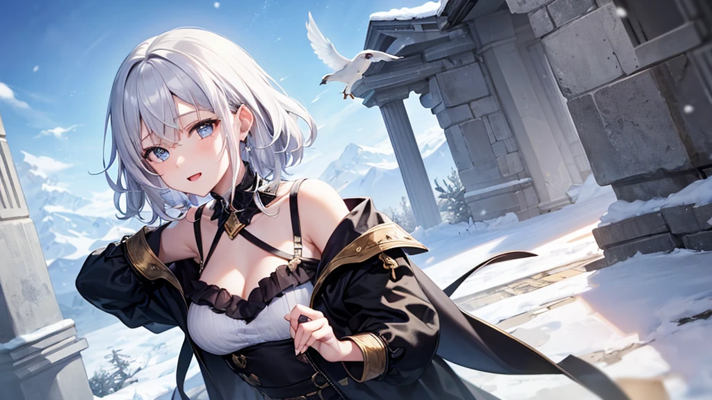 super high quality, with a girl, 20-year-old, very short hair, long bangs between the eyes, pale blue eyes , blue sky, sunlight, very detailed,(masterpiece、highest quality)、alone、gray hair、laughter、White skin as clear as snow、fantasy, silver hair, black eye, beautiful eyes,, ecstasy, charm, be smitten with audience, fantasyな風景、
