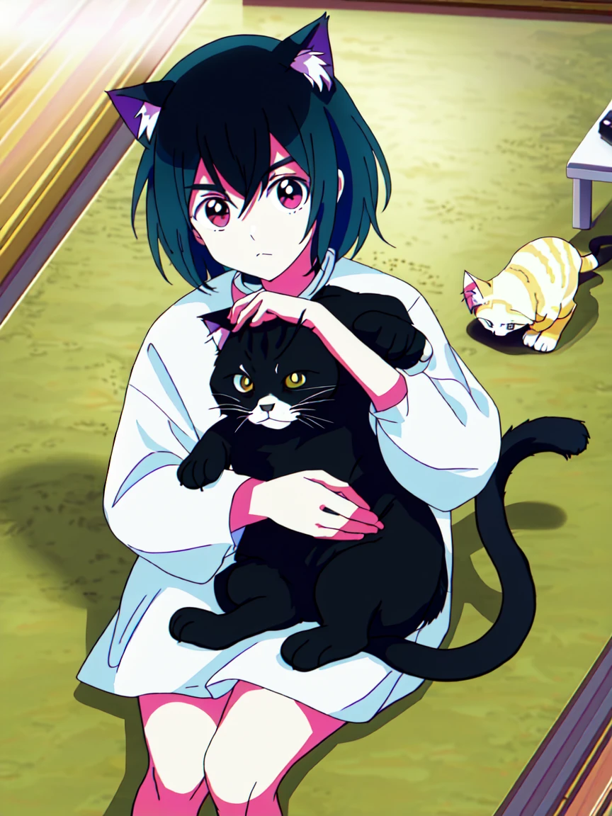 someone is petting a cat on the floor with a stuffed animal, with small cat on lap, big cheeks holding her cat, holding it out to the camera, glaring at the camera, cute furry needs your help, holding a cat, lovingly looking at camera, looking to camera, looking to the camera, looking straight to camera, looking confused