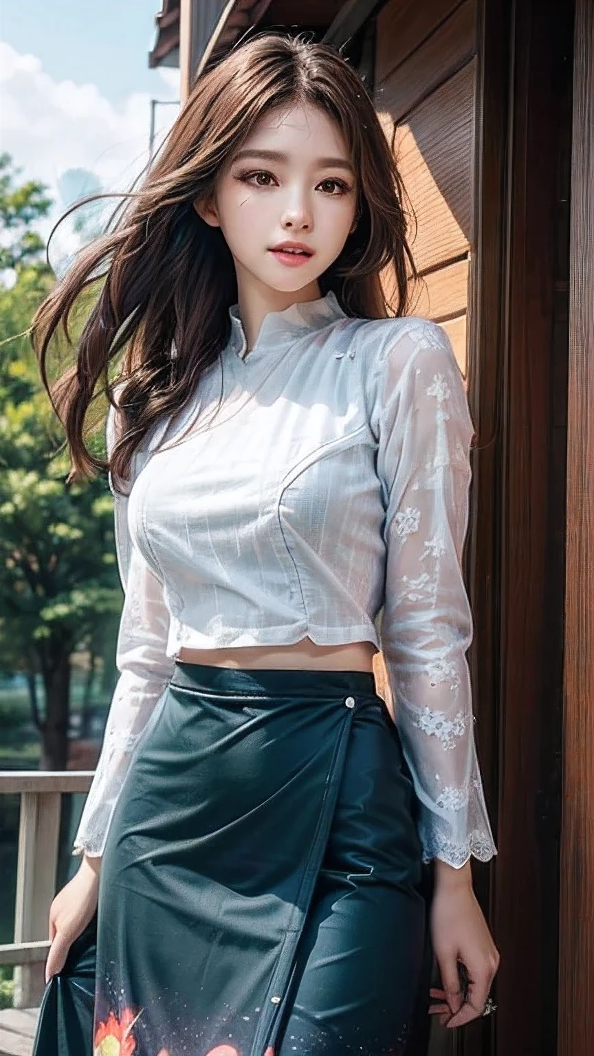 ((Masterpiece)), ((High detail)), photography, real photograph,1 Girl, ((Ultra-detailed)),((Delicate face)), Beautiful detailed eyes, (high light, Gradient hair),Long hair, Floating hair, acmm ls outfit, wearing acmm top, white acmm top, long sleeves, wearing acmm long skirt, bright green acmm long skirt, printed skirt, outdoor, sun light