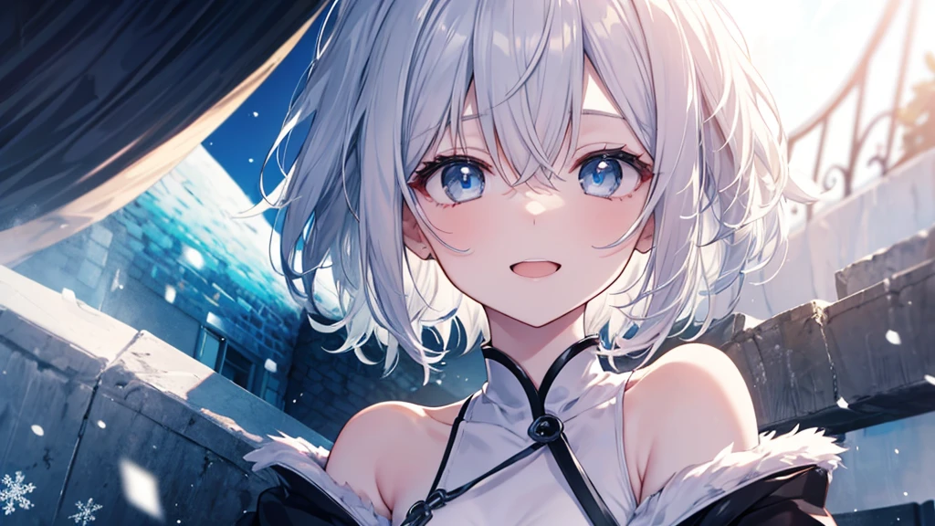 super high quality, with a girl, 20-year-old, very short hair, long bangs between the eyes, pale blue eyes , blue sky, sunlight, very detailed,(masterpiece、highest quality)、alone、gray hair、laughter、White skin as clear as snow、fantasy, silver hair, black eye, beautiful eyes,, ???????, charm, be smitten with audience, fantasyな風景、