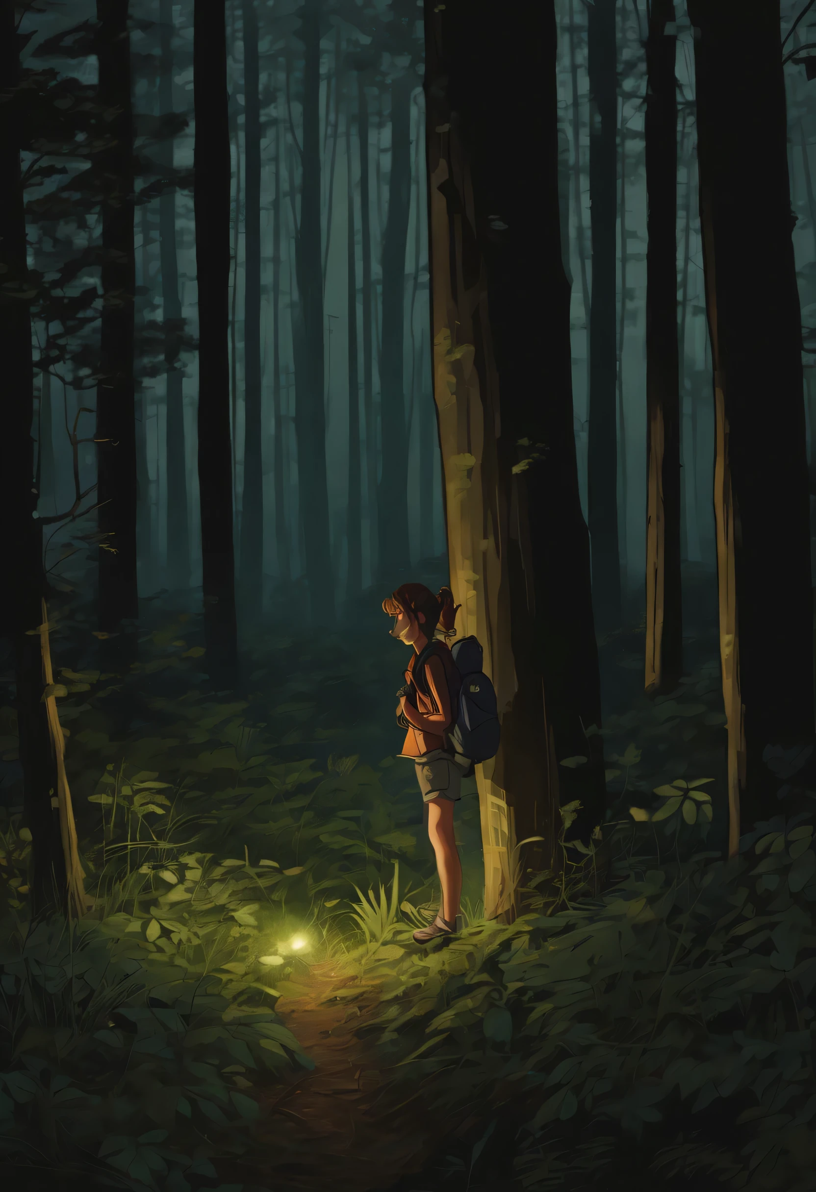 
woods at twilight, tall hardwoods leave the undergrowth very dim, a teenage girl dressed in hiking gear uses a flashlight to search for her boyfriend, lots of little eyes reflects the light from her flashlight