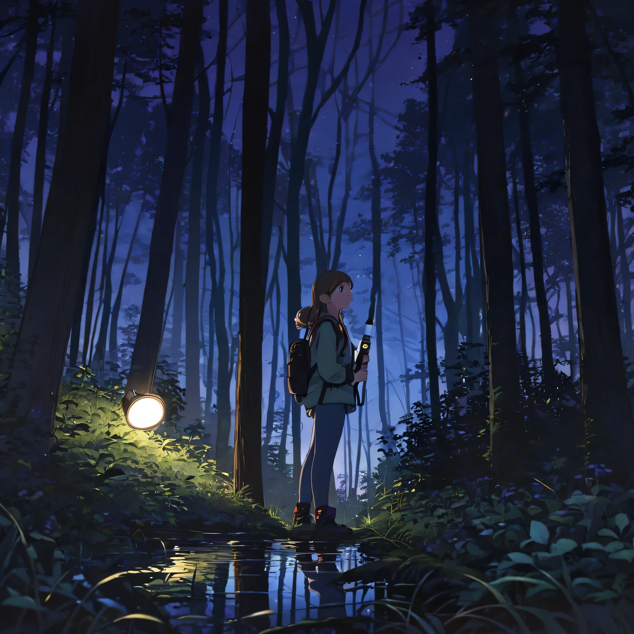 
woods at twilight, tall hardwoods leave the undergrowth very dim, a teenage girl dressed in hiking gear uses a flashlight to search for her boyfriend, lots of little eyes reflects the light from her flashlight