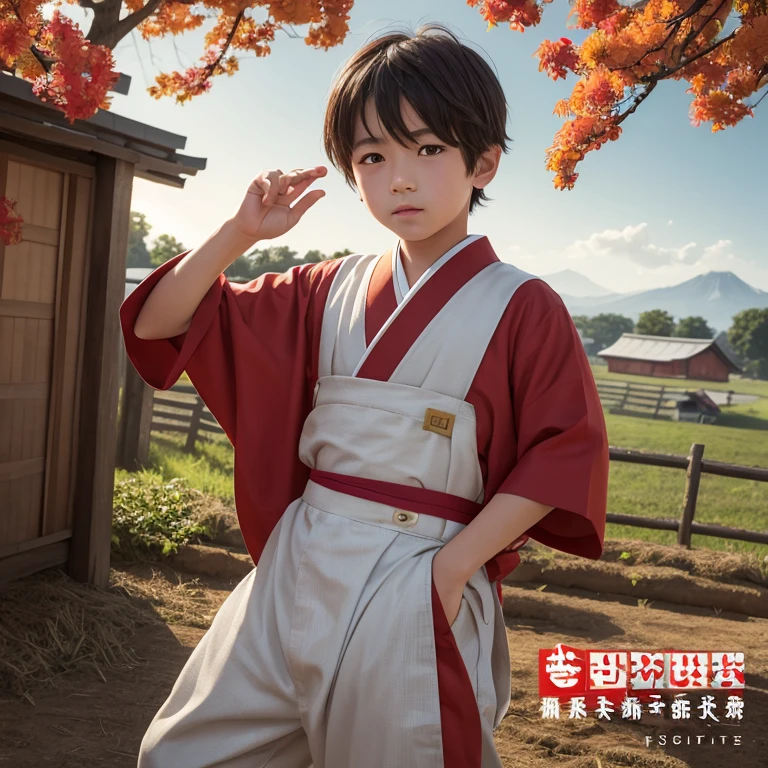High resolution, Super detailed, masterpiece, highest quality,oriental、boy、Wearing traditional Japanese costumes、alone、boy doing farm work、in the same way、pants、game poster、