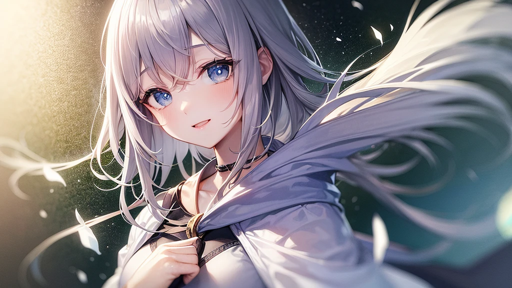 super high quality, with a girl, 20-year-old, very short hair, long bangs between the eyes, pale blue eyes , very detailed,(masterpiece、highest quality)、alone、gray hair、laughter、White skin as clear as snow、fantasy, silver hair, black eye, beautiful eyes,, ecstasy, charm, be smitten with audience, fantasyな風景、evening