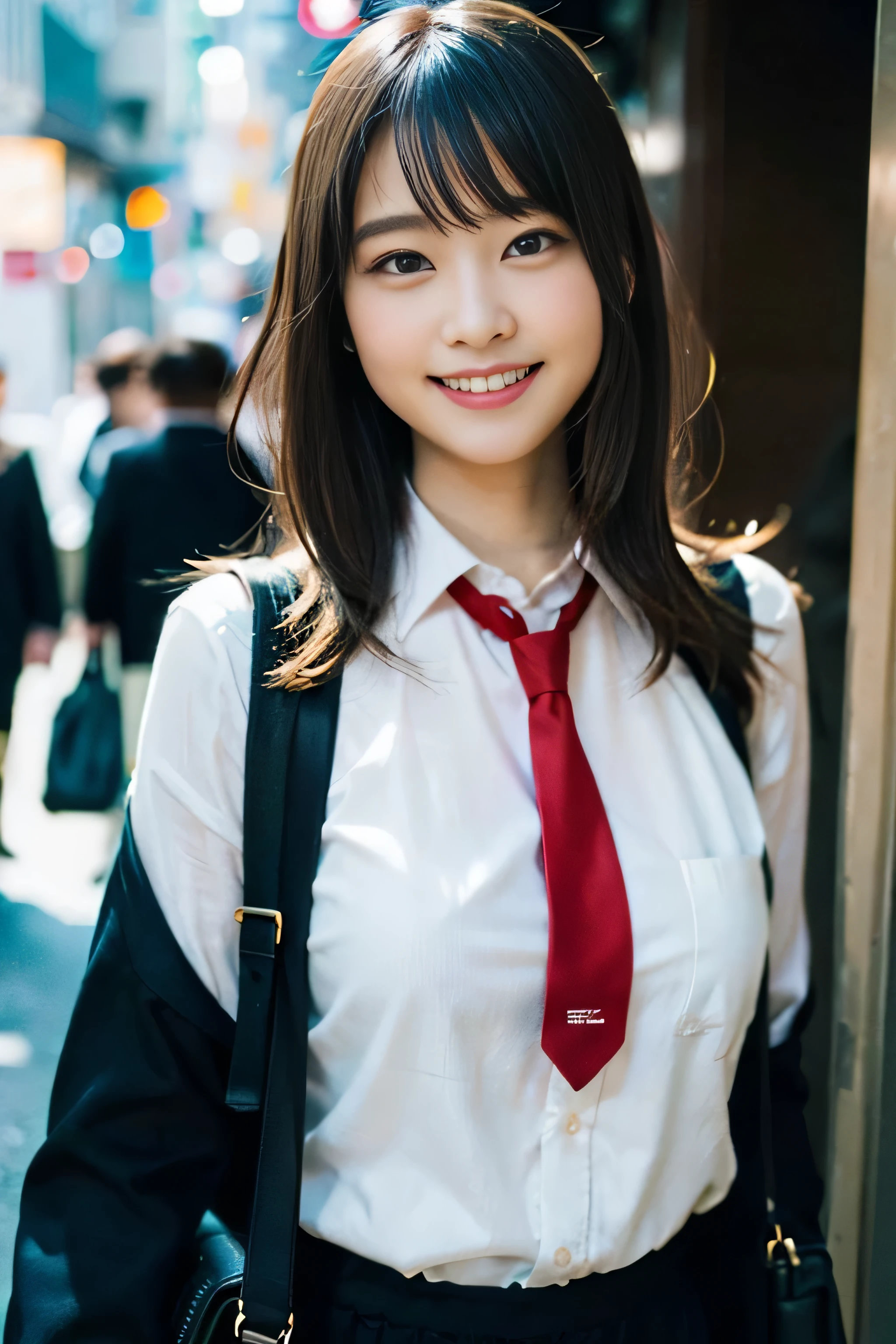 (8K、RAW photo、best image quality、masterpiece:1.2)、(genuine、フォトgenuine:1.37)、Super detailed、ultra high resolution、girl、1 person、Eyes that see the beholder、Beautiful face in every detail、smile、narrow、 (slim waist) :1.3)、thick and beautiful skin、skin texture、flowing hair、professional writing、as a whole human body、long hair、blonde、high school girlの制服、high school girl、school zone、Tokyo、cityscape、red tie、bob hair、happy smile、baby face smile、no makeup、16 years old、a little chubby、E cup breasts、
