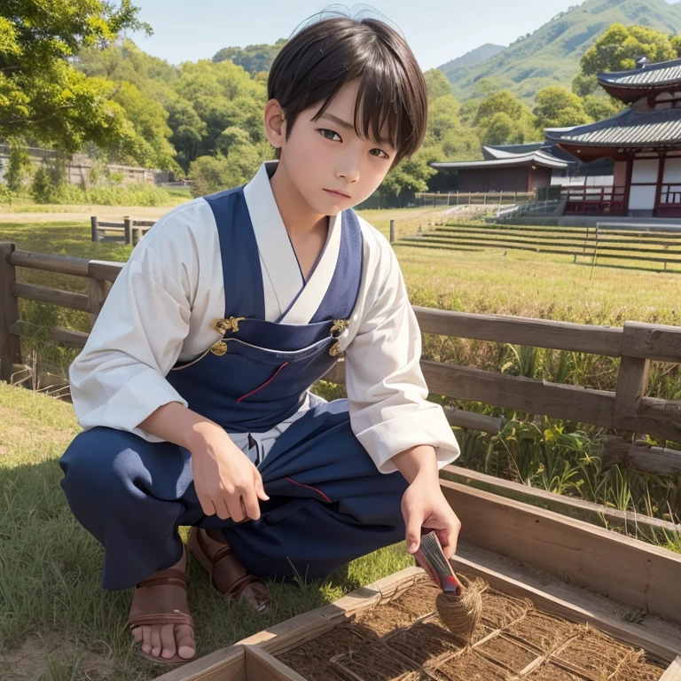High resolution, Super detailed, masterpiece, highest quality,oriental、boy、Wearing traditional Japanese costumes、alone、boy doing farm work、pants、game poster、