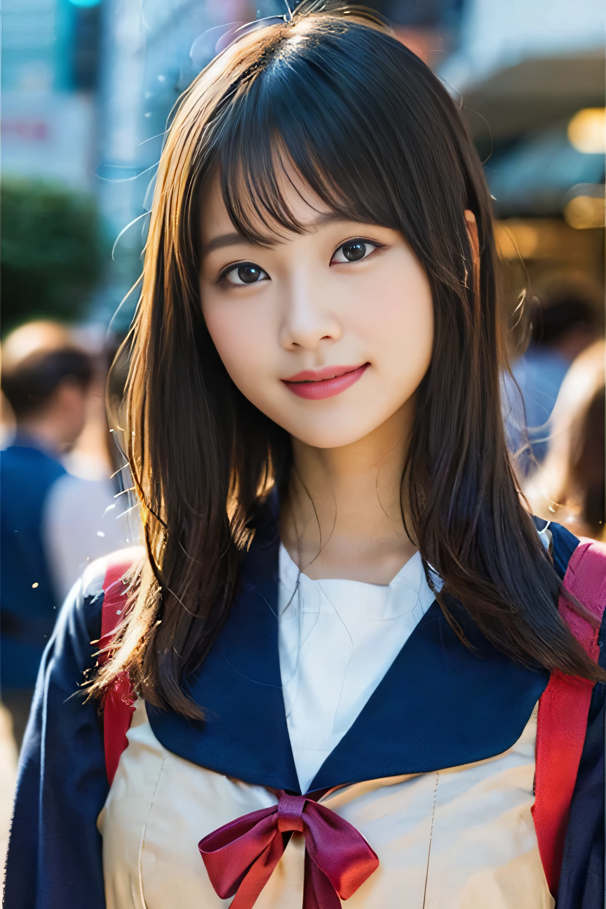 (8K、RAW photo、highest quality、masterpiece:1.2)、(realistic、Photoreal:1.37)、Super detailed、ultra high resolution、1 girl、see the beholder、beautiful and detailed face、laughter、narrow、(slim waist) :1.3)、beautiful and smooth skin、skin texture、floating hair、professional lighting、as a whole human body、long hair、blonde、Japanese high school uniform、sailor suit、admission、、bob hair、E cup、smile、、red ribbon、baby face、chile、no makoisturizing lips、pale pink lips、nostalgic countryside