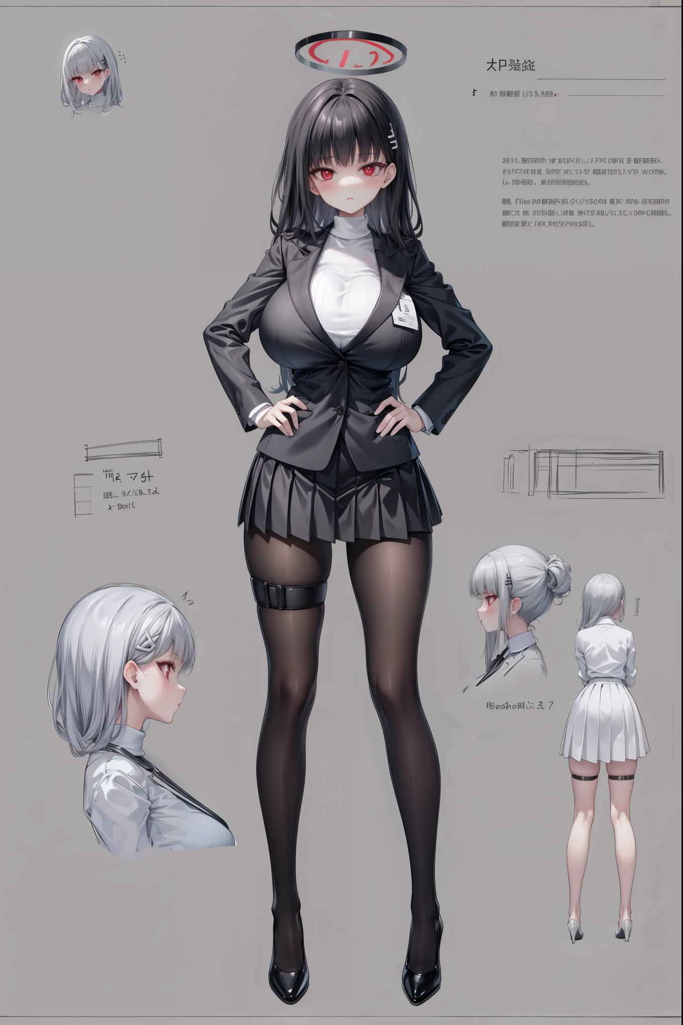 girl, solo, full body, from head to toe, standing, (Huge_Breasts:1.3), beautiful body, perfect body, nice body,

((Character Design Sheet:1.7, character reference sheet:1.7,)),

rio, black hair, (red eyes:1.5), hair ornament, hairclip, halo, long hair,
black footwear, black jacket, black pantyhose, black skirt, buttoned cuffs, high heels, jacket, long sleeves, office lady, pantyhose, ribbed sweater, skirt, sweater, thigh strap, turtleneck, turtleneck sweater, white sweater, short skirt, mini skirt,