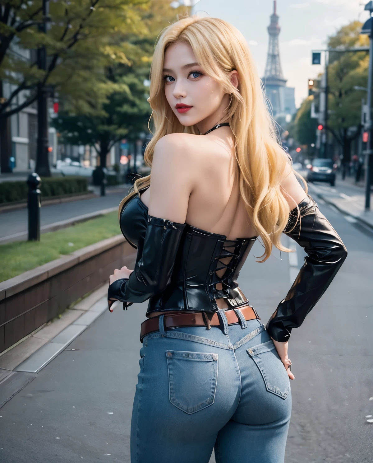 1girl, Blue eyes, (smile), (black make-up), (Sana Minatozaki), wide hips, Big , big ass, (Best Quality, 8k, Masterpiece: 1.3), perfect hands, Clear Focus: 1.2, Perfect Body Beauty: 1.4, strong abs :1.2, Highly detailed face and skin texture, detailed eyes, double eyelids, red lips, (blonde long hair :1.2), bare shoulders, (black tight corset), leather belt, (jeans), sitting, in Minato Shiba Park, Tokyo, Japan, Tokyo Tower in background
