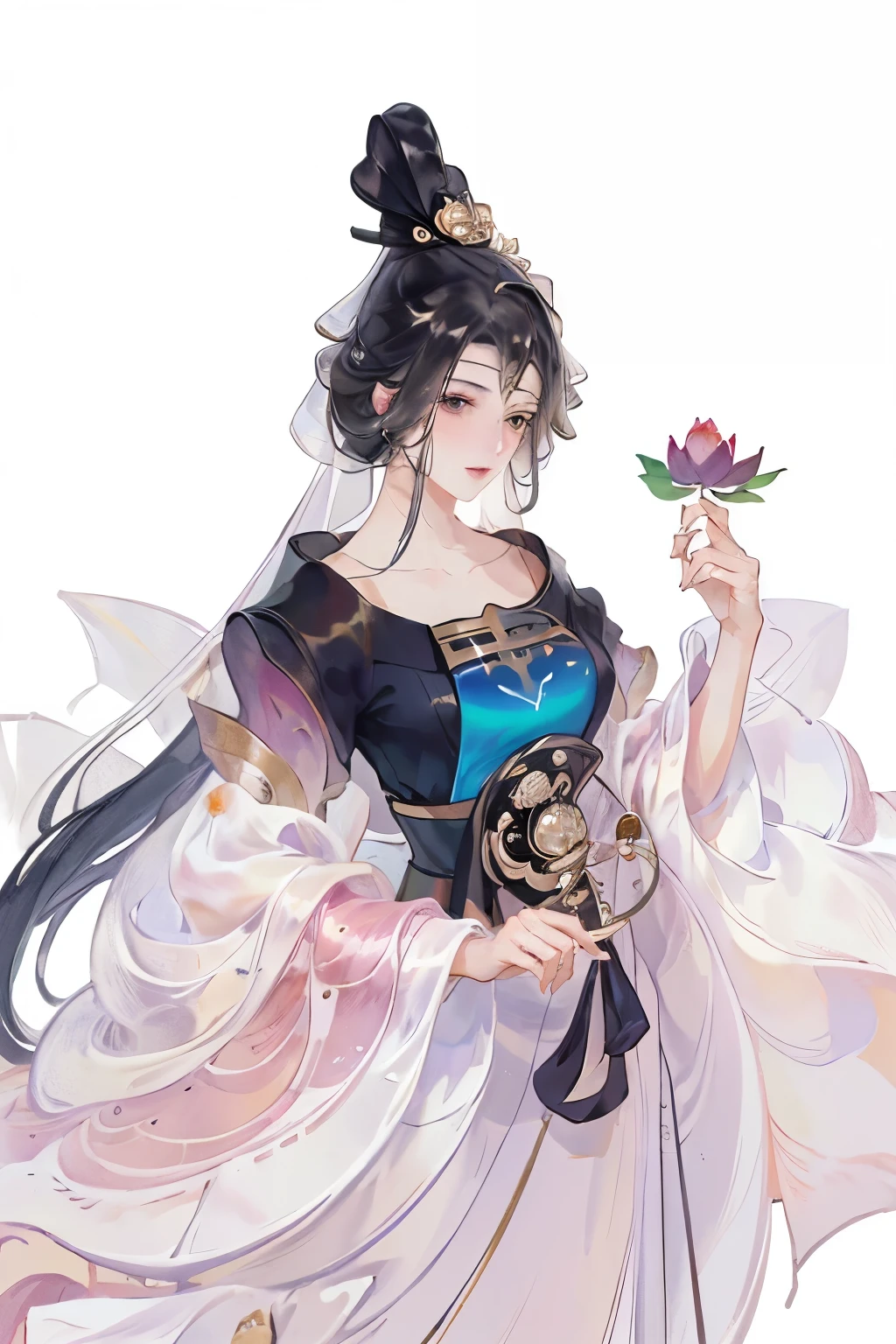 (((masterpiece, best quality at best, ultra high resolution, CG unified 8K wallpaper, best quality, Super detailed, Ultra HD quality))), 1 girl, long black hair, game fairy, Lotus lotus leaf decoration, Infrared sleeve, hanfu, yarn, 流动的yarn布, jewelry, ((rich and colorful)), pretty face, beautiful eyes, beautiful hairstyle, Beautiful costumes, Reasonable structure
