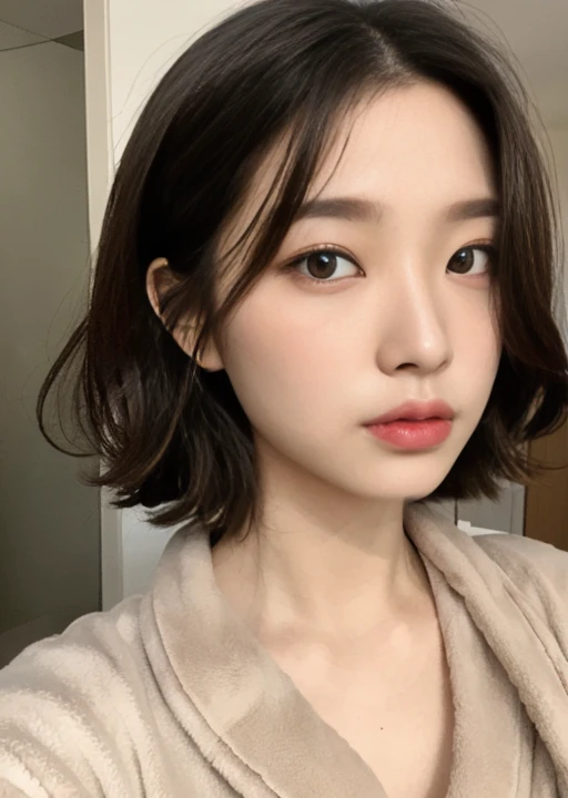 bathrobe、whole body、A woman with the same face as last time(misaki),4K、1people's women、slender、 Loose wavy styling 、seductive and attractive,Including face and skin texture,detailed eyes、a seductive look