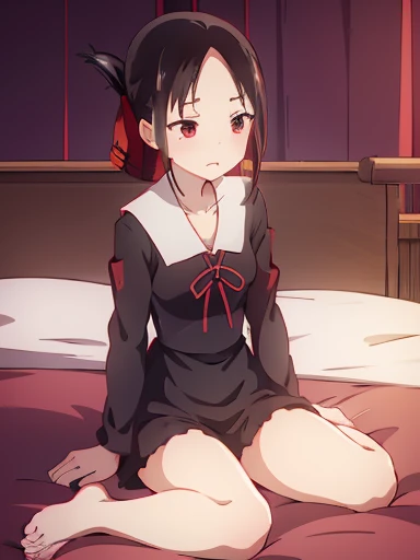 nsfw,Bedroom、on the bed、sit、Kaguya Shinomiya、red eyes,red ribbon,hair ribbon,bangs,short hair,side lock,folded ponytail,black hair,parted bangs, Uniform of Shunaiin Gakuen,black dress,neck ribbon,clavicle,white sailor collar