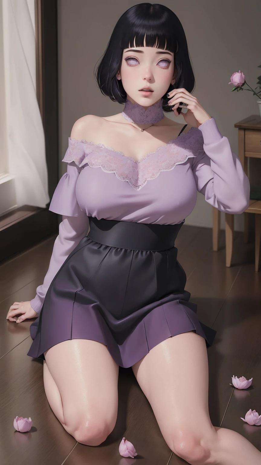 (masterpiece) (huge titusty, masterpiece, absurdres, hinata\(boruto\), 1girl, solo,mature female, off-shoulder bra, high waist short skirt, looking at viewelling petals), perfect composition, detailed lips, big breast, beautiful face, body propotion, blush, (pink lips), short hair, (black hair), purple eyes, soft gaze, super realistic, detailed, photoshoot, realistic face and body, closed mouth, , lilac eyes, full body, lace clothes,  sittingon the floor with black shoes
