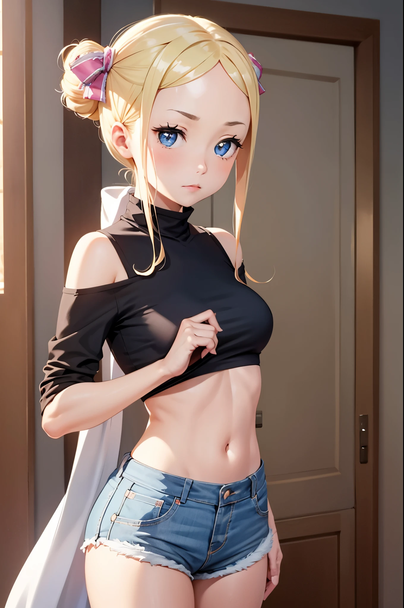 1 girl, wearing short shorts, tight shirt, thin waist, Beatrice re: zero, small breasts, delicate face, no smile, blonde hair