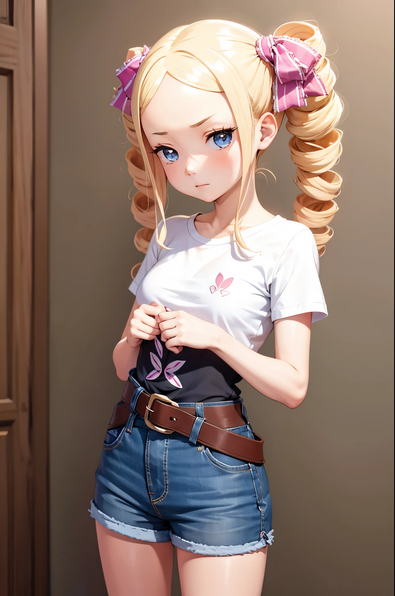 1 girl, wearing short shorts, tight shirt, thin waist, Beatrice re: zero, small breasts, delicate face, no smile, blonde hair