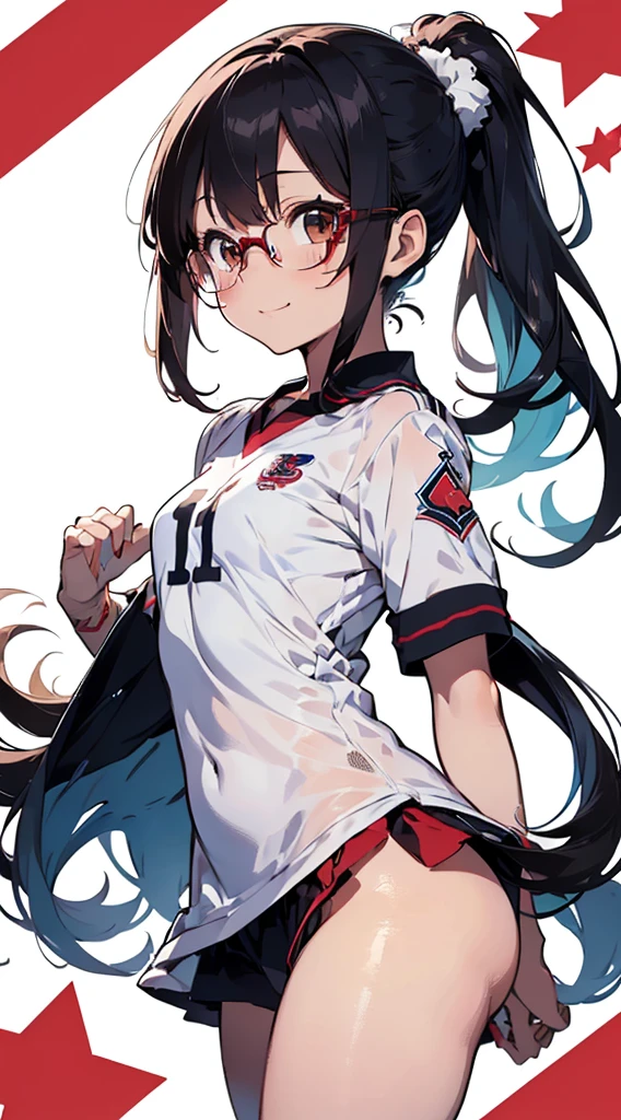 (((kipity art)))), ((High resolution)),masterpiece, high quality, 最high quality, beautiful, perfect lighting, detailed face, super cute face, ((1 girl)), ((alone),11 year old girl、harsh expression、glasses、black hair、ponytail, bangs, ((fluffy hair)), brown eyes, slender body, full length, smile, shy, just woke up, blush, ((grab the thigh)), (((small breasts))), (small hips), (normal thighs), soft body、High resolution、1 girl in、cute anime illustration、upright,whole,Standing position, Lower both arms,put your hands behind your back, look straight, pure white background, arms behind,Soccer Uniforms、Red Football Uniform